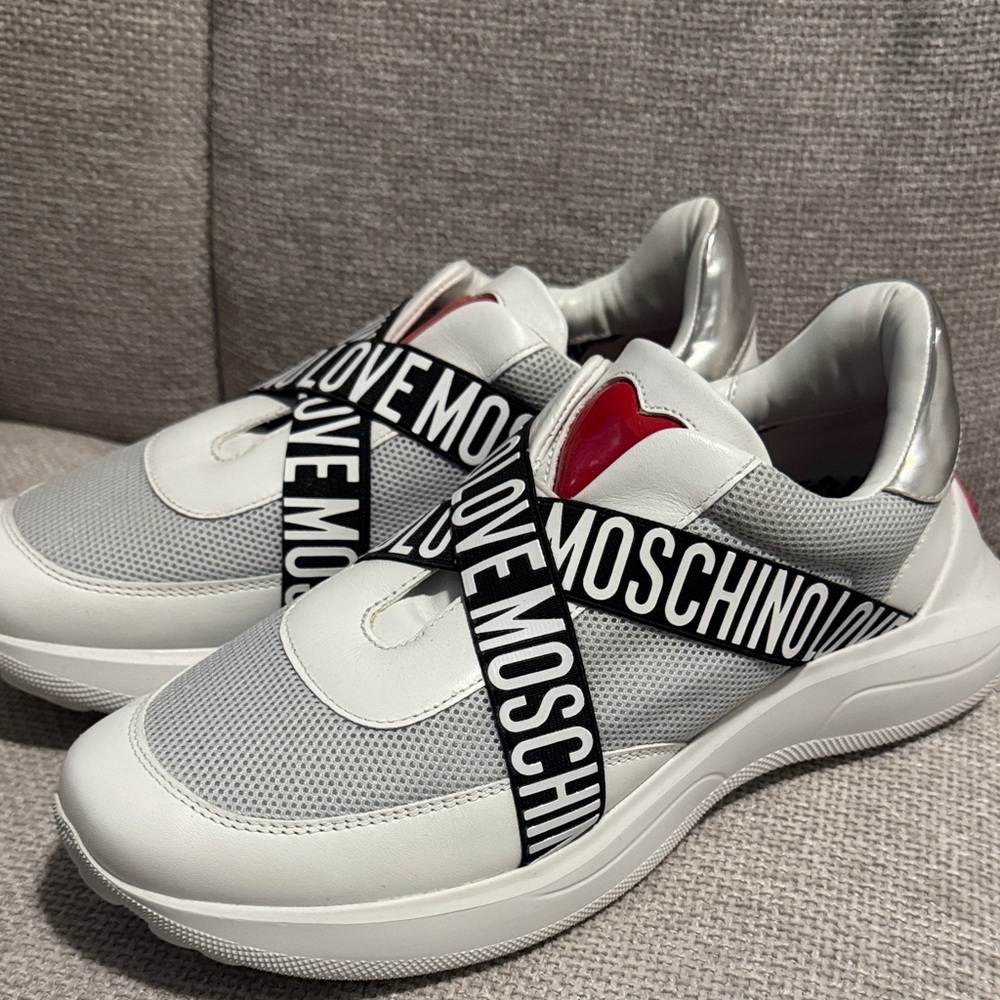 Love Moschino White and Silver Heart Sneakers